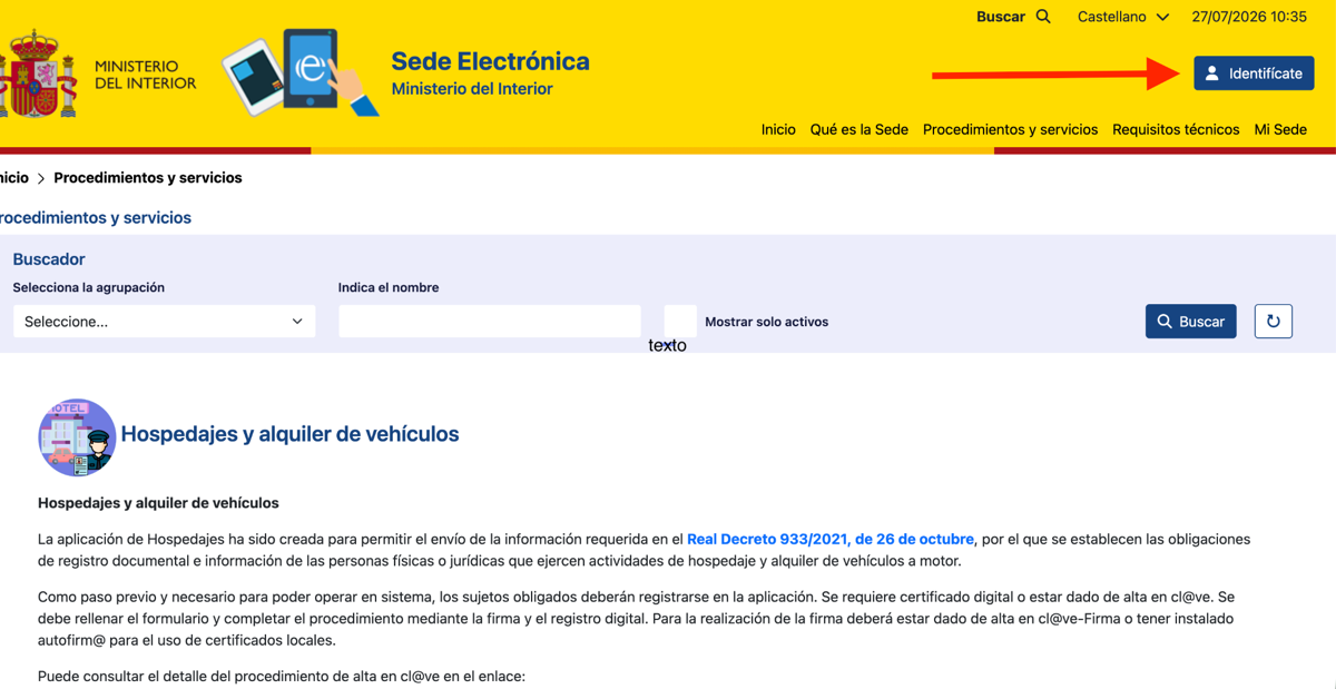 Captura de pantalla del paso 1: Abra SES Hospedajes y pulse «Identifícate»