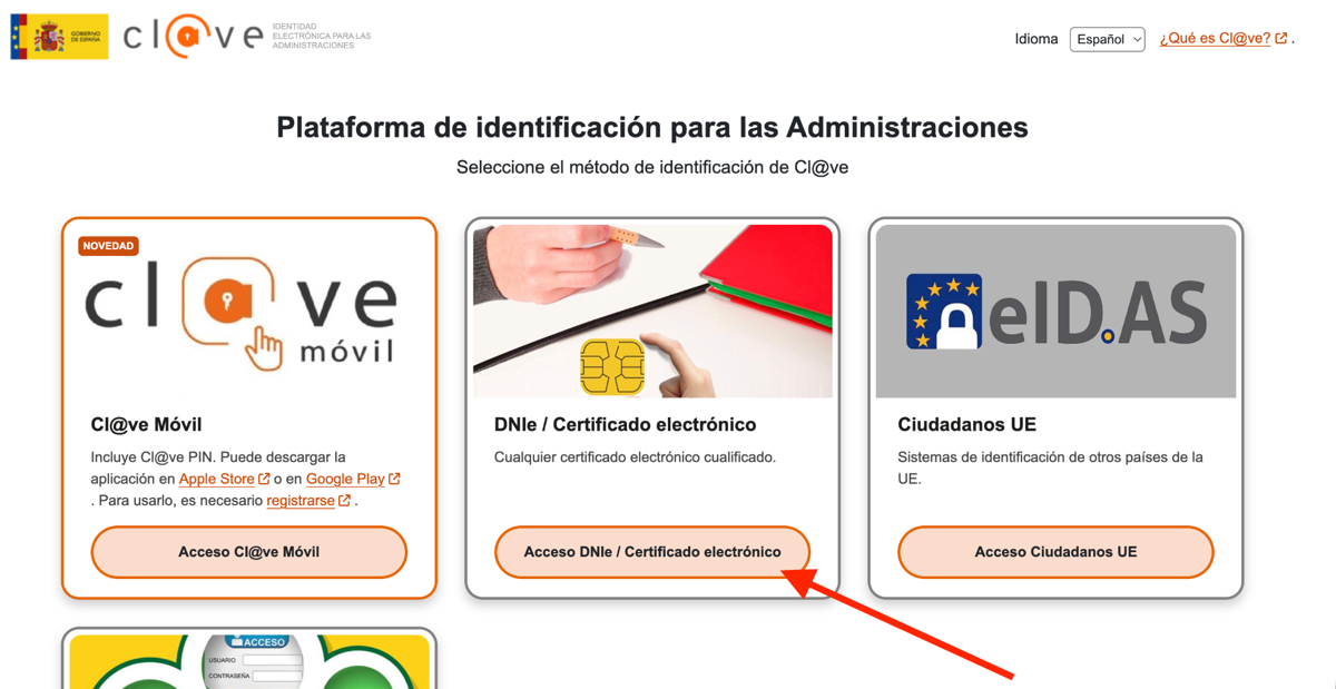 Captura de pantalla del paso 3: Acceda con DNIe o certificado electrónico