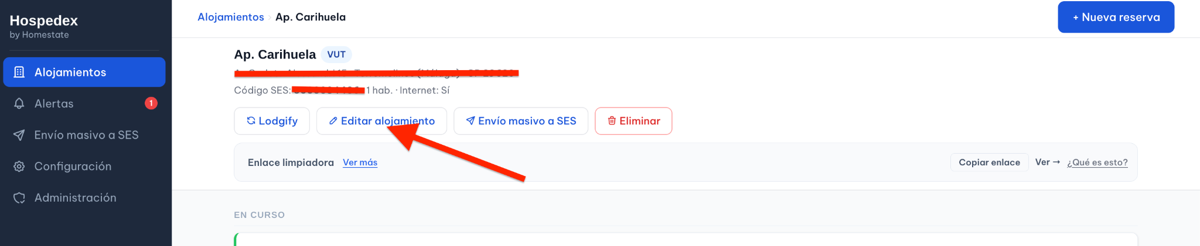 Captura de pantalla del paso 9: En Hospedex, abra el alojamiento que va a configurar